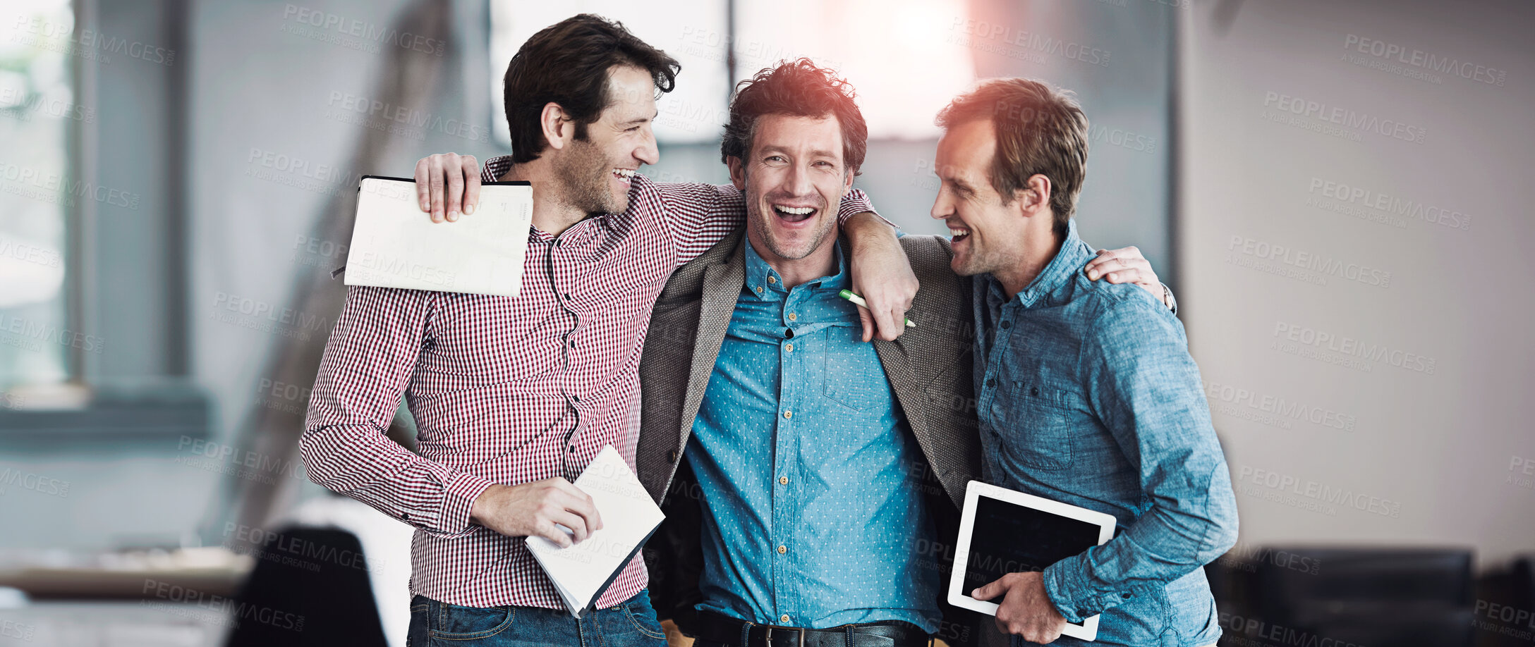 Buy stock photo Support, teamwork or happy business people hug for motivation for mission, collaboration or goals. Team building, group or excited startup developers laughing with smile, pride or solidarity together