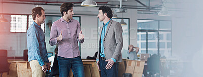 Buy stock photo Discussion, business and people in meeting at office for planning, collaboration and brainstorming ideas together. Group, men and creative developer for teamwork, talking for review project feedback 