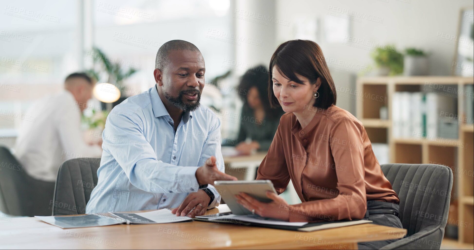 Buy stock photo Meeting, discussion and business people with tablet for presentation, company workshop and collaboration. Design team, staff and diversity with conversation for project management, strategy or target