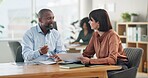 Meeting, discussion and business people with tablet for collaboration, company workshop and presentation. Design team, staff and diversity with conversation for project management, strategy or target