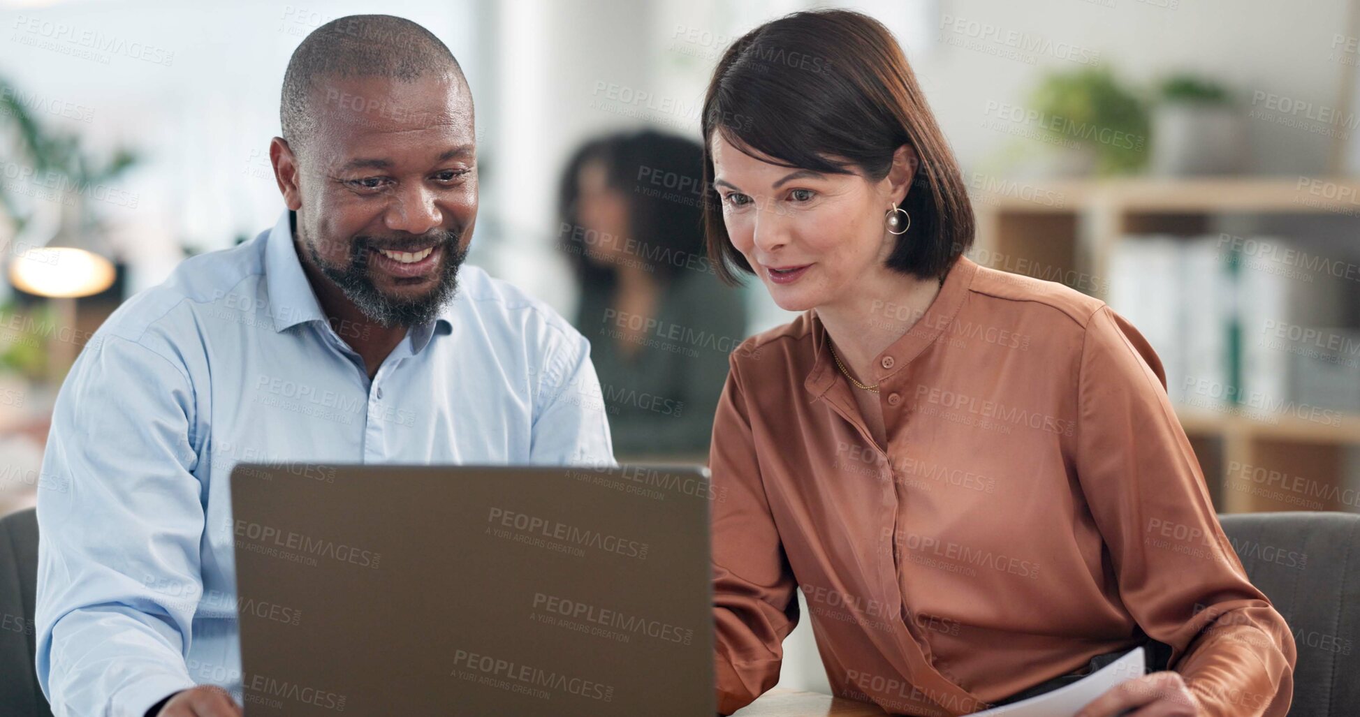 Buy stock photo Meeting, discussion and business people with laptop for collaboration, company workshop and presentation. Design team, staff and diversity with conversation for project management, strategy or target