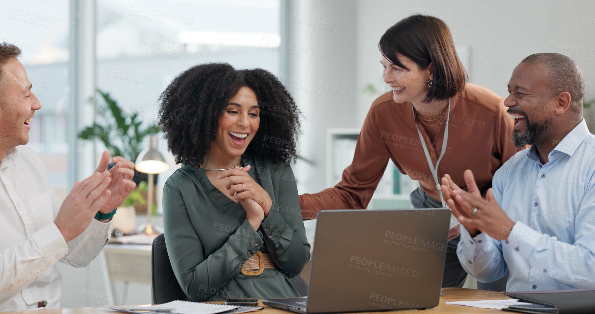 Buy stock photo Office, applause and happy business people on laptop for teamwork, collaboration and celebration. Corporate, computer and men and women clapping hands for online success, achievement and good news