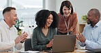 Teamwork, people and applause on laptop with video call for good news, notification and congratulations. Collaboration, employees and happy at office with clapping hands for success on business deal