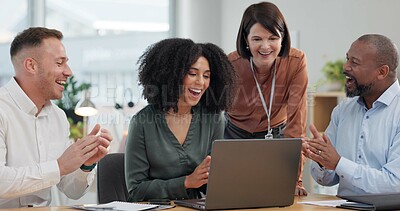 Buy stock photo Teamwork, people and applause on laptop with video call for good news, notification and congratulations. Collaboration, employees and happy at office with clapping hands for success on business deal