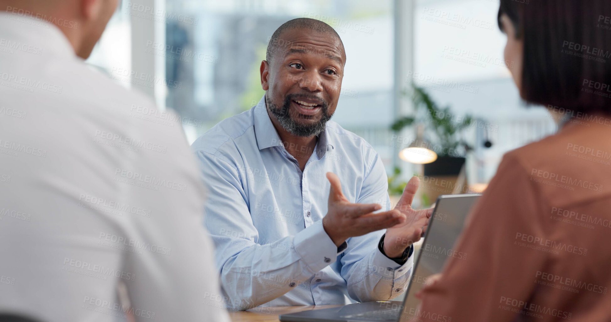 Buy stock photo Meeting, conversation and business people with laptop for collaboration, company workshop and presentation. Design team, staff and diversity with discussion for project management, strategy or target
