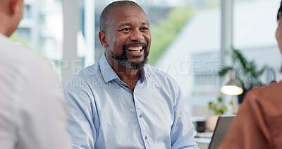 Buy stock photo Business, people, talking and man in meeting, planning and conversation with ideas, smile and feedback. Employees, happiness and mentor in modern office, review for project or discussion for proposal