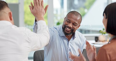 Buy stock photo Business men, high five and happy at meeting with applause, success and congratulations for performance. People, celebration and excited with connection, synergy and partnership at creative agency