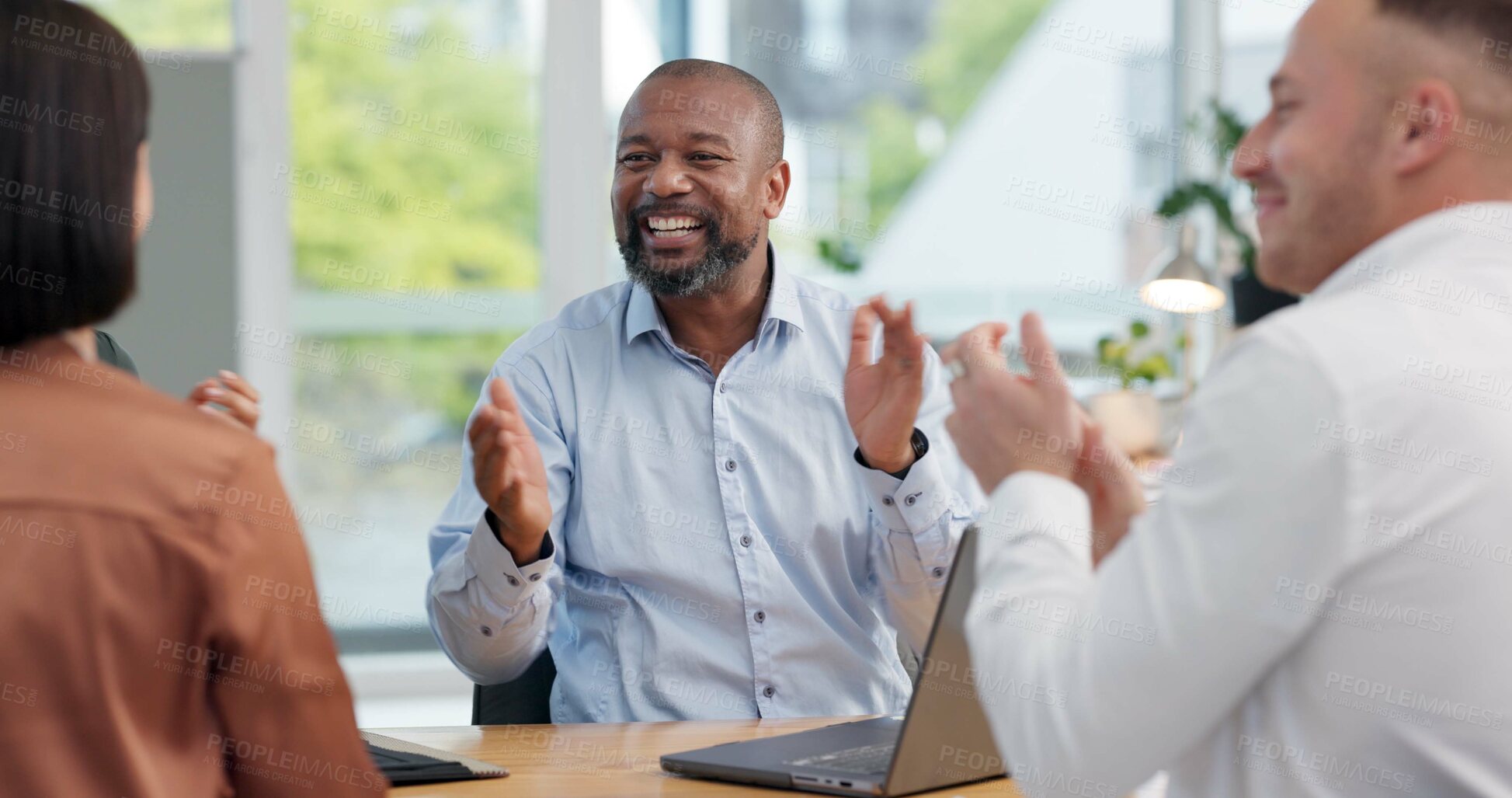 Buy stock photo Business people, applause and happy at meeting with teamwork, success and congratulations for goals. Men, women and excited for celebration with connection, synergy and diversity at creative agency