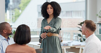 Buy stock photo Discussion, presentation and business people in board room for meeting, company workshop or collaboration. Design team, staff and diversity with conversation for project management, ideas or support