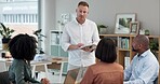 Tablet, discussion and business people in board room for meeting, company workshop or collaboration. Design team, staff and diversity with conversation for project management, ideas or presentation