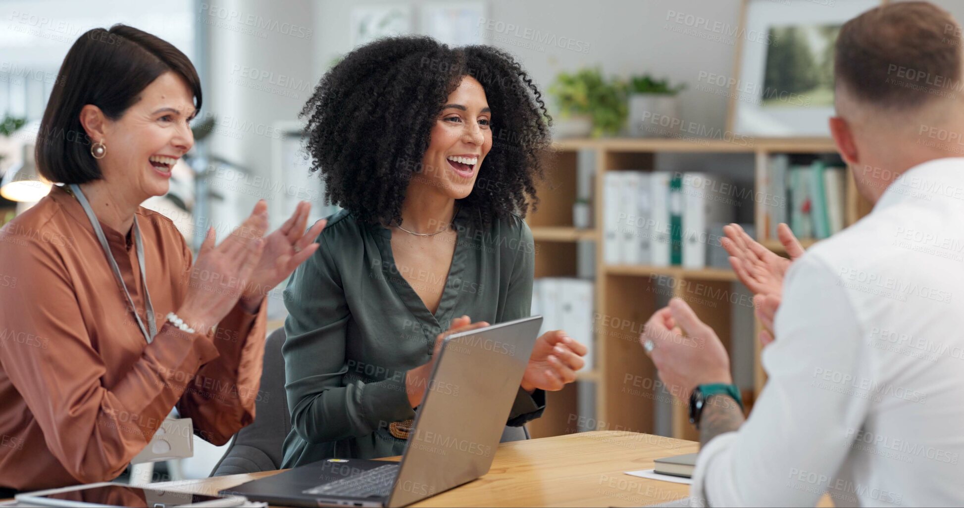 Buy stock photo Employees, people and happiness with applause for good news, victory and congratulations. Collaboration, teamwork and smile or excited at office with clapping hands for success on business deal