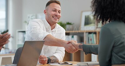 Buy stock photo Business man, handshake and woman with applause for agreement in office, support and b2b deal at company. People, shaking hands or smile for synergy, contract and cheers for career at creative agency