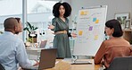 Business, Employees and office with whiteboard for ideas with strategy, planning and brainstorming for deadline. People, notes and teamwork or collaboration in boardroom for feedback and review