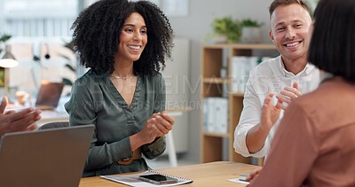 Buy stock photo Meeting, applause and business people in board room for presentation, company workshop or achievement. Design team, staff and diversity with clapping hands for celebration, success or good news