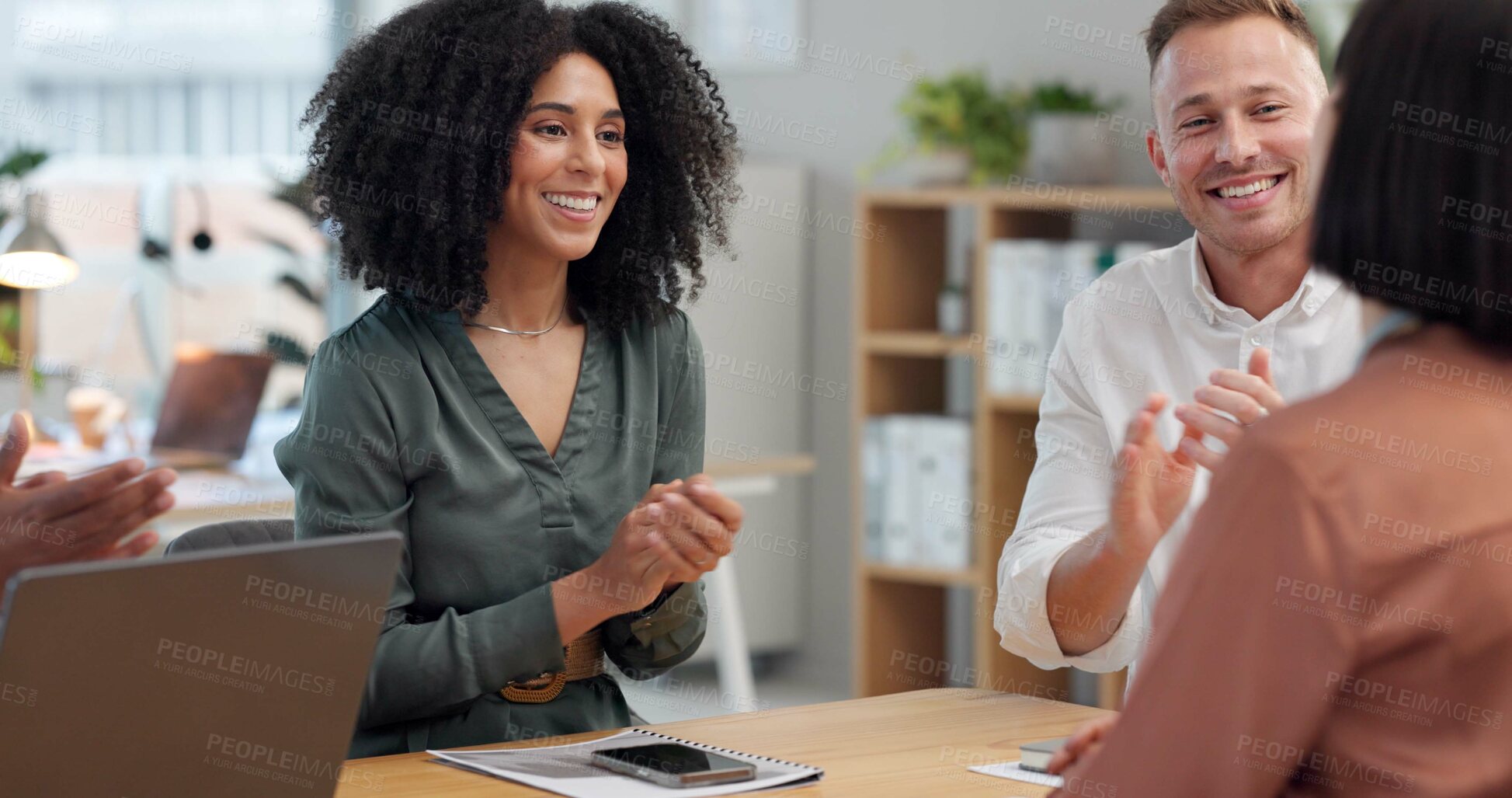 Buy stock photo Meeting, applause and business people in board room for presentation, company workshop or achievement. Design team, staff and diversity with clapping hands for celebration, success or good news