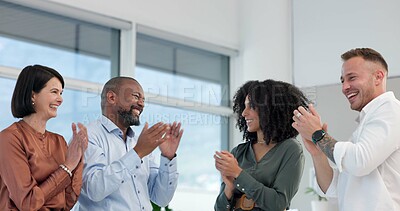 Buy stock photo Business people, group and applause with celebration in office with support, huddle and connection at company. Team, scrum or circle for synergy, link or solidarity for motivation at creative agency