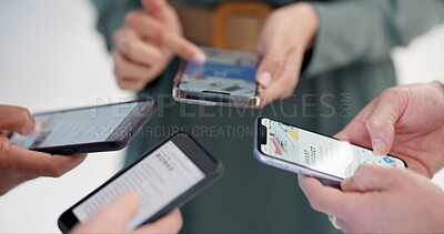 Buy stock photo Hands, business and people with smartphone screen for connection at office on mobile app for stock market, shares and finance. Employees, closeup and website or email link for trading or transactions