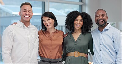 Buy stock photo Portrait, hug and business people in office, teamwork and smile with career ambition. Face, group and employees with happiness, confidence and embrace with support, cooperation and collaboration