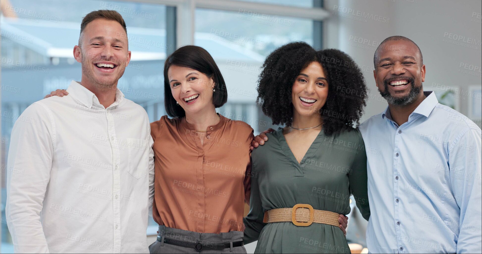 Buy stock photo Portrait, hug and business people in office, teamwork and smile with career ambition. Face, group and employees with happiness, confidence and embrace with support, cooperation and collaboration