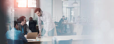 Buy stock photo Thinking, talking and teamwork of serious business workers working together in a coworking office. Marketing team work on online content for a project. Colleagues planning a group collaboration