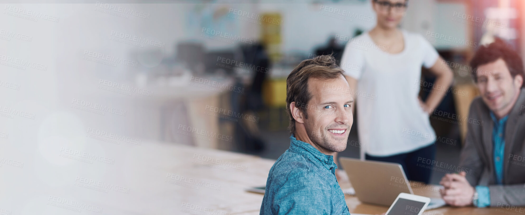 Buy stock photo Teamwork, portrait or happy developers in meeting for discussion or brainstorming together in office. Diversity, digital app or programmers networking with technology, tablet or laptop in workplace