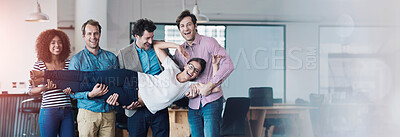 Buy stock photo Funny, portrait or happy web designers in office with support, teamwork or playful joke together. Diversity, silly workplace humor or playful developers carrying woman or lifting an employee on break