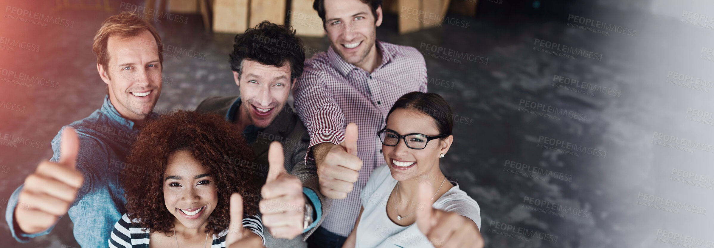 Buy stock photo Portrait, thumbs up or happy business people in agreement, support or collaboration together in office. Startup community team, diversity or group of employees with thumb up, yes or like hand gesture