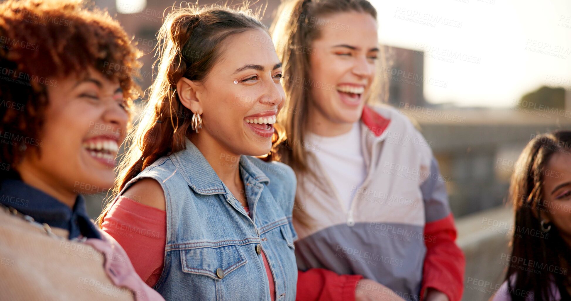 Buy stock photo Friends, happy and relax in city with fashion, funny storytelling and bonding. Women, dance group and laugh in urban town for joke, reunion and excited for hip hop style development and collaboration