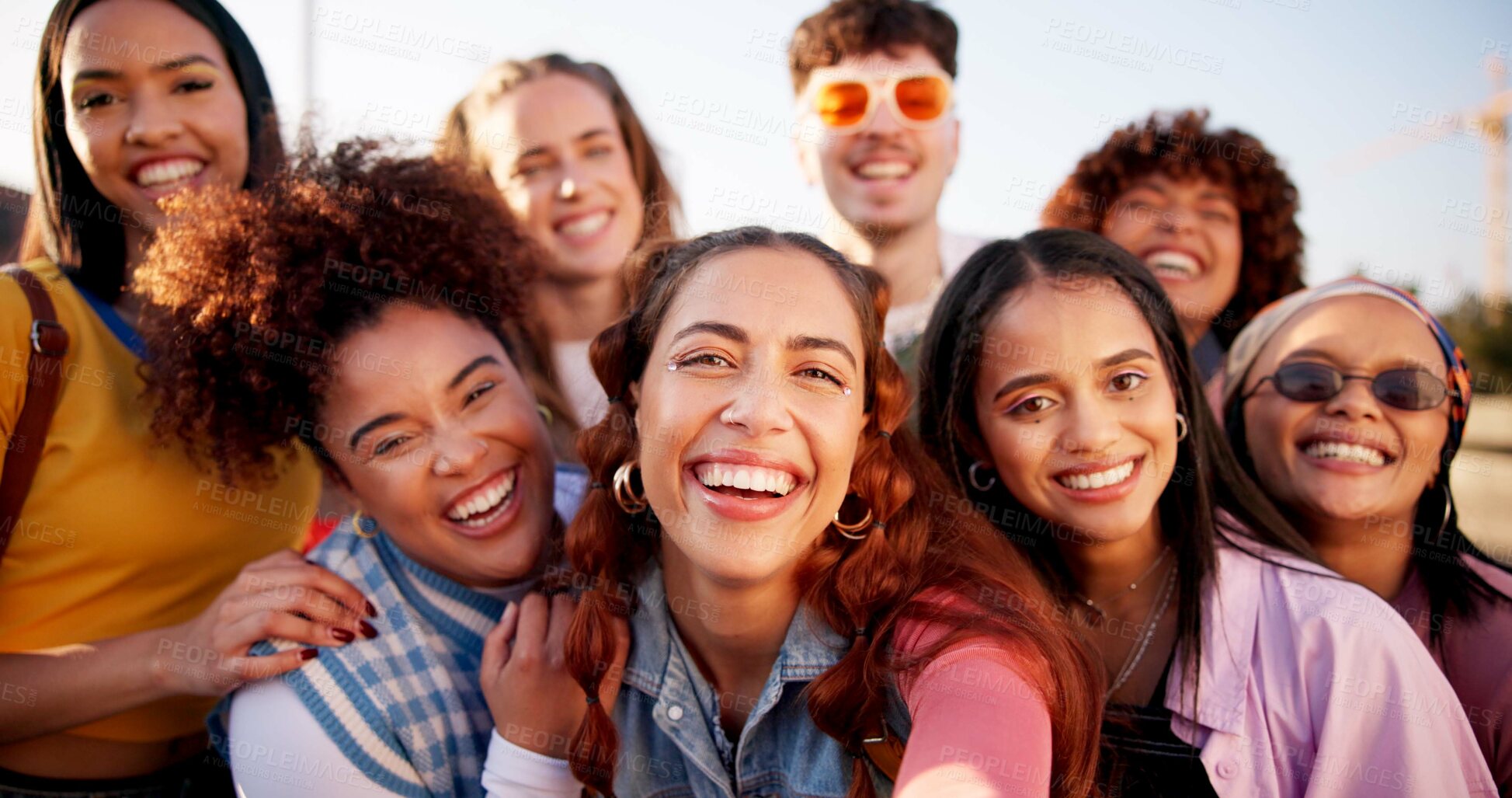 Buy stock photo Selfie, happy and portrait of friends in city with cool style, trendy fashion and casual outfit. Social media, urban and men and women with smile, confidence and laugh on weekend, vacation or holiday