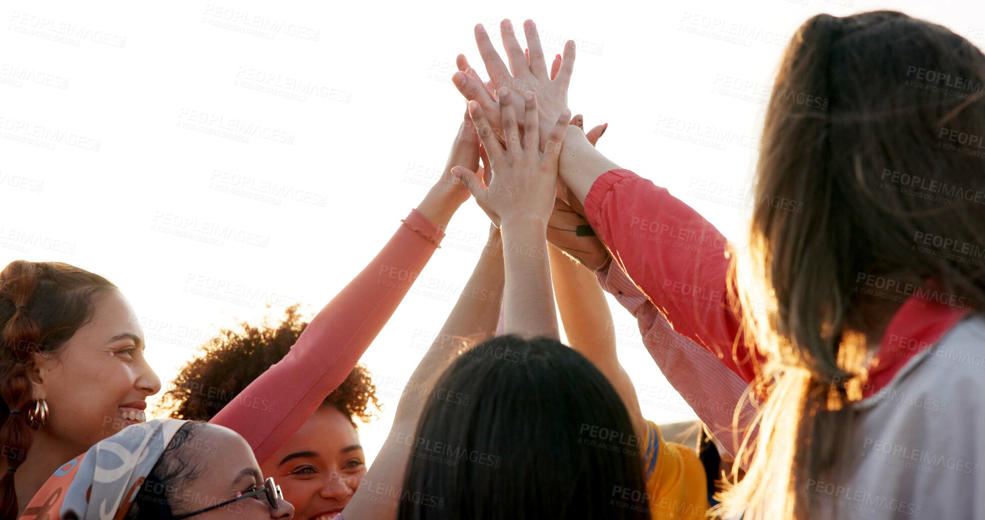 Buy stock photo High five, success and hands with people in city for motivation, teamwork and community. Future, support and partnership with group of friends in outdoor for youth, celebration and solidarity