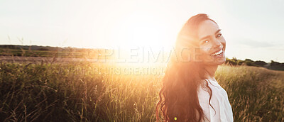 Buy stock photo Portrait of an attractive young woman standing outside in a field