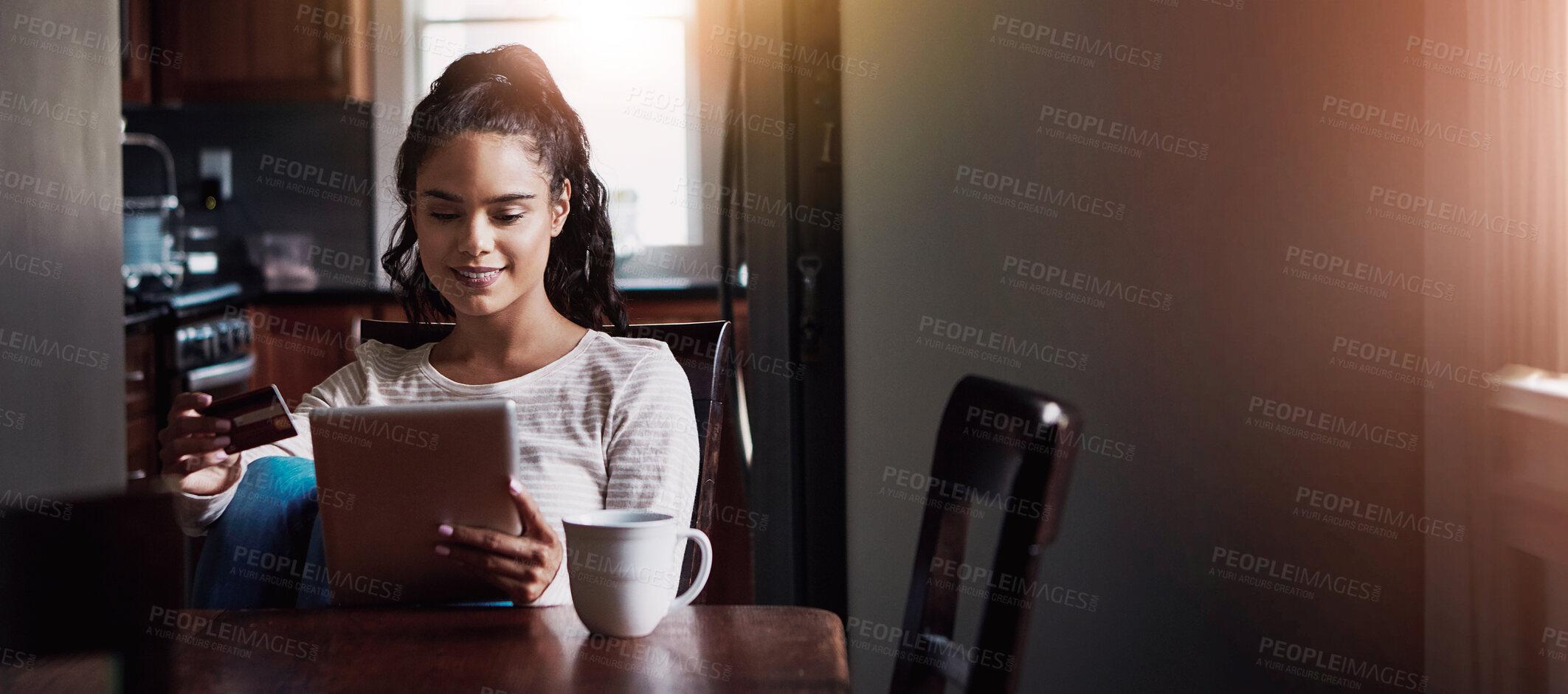 Buy stock photo Home, credit card and woman with tablet, payment and digital app for ecommerce. Discount deal, coffee and person in lounge, fintech and email notification for online shopping, password and savings