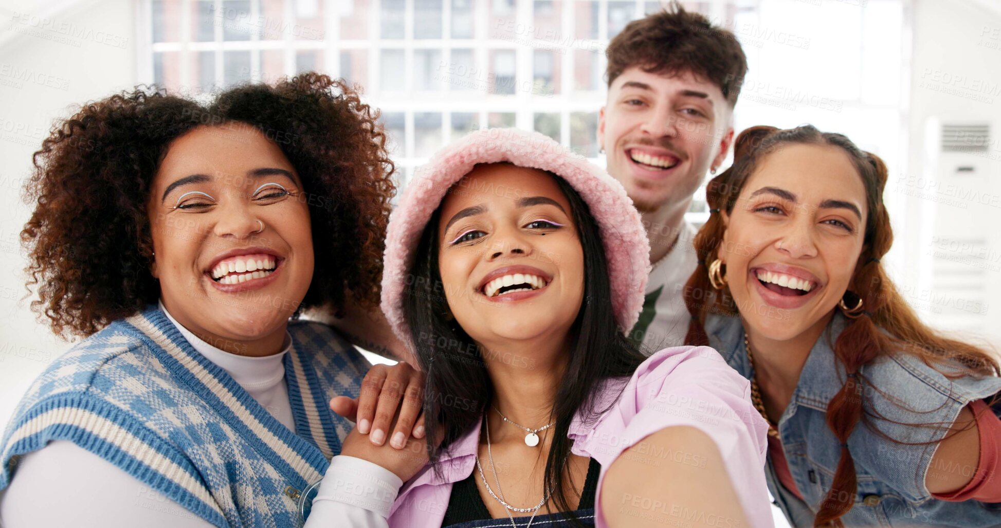 Buy stock photo Happy, people and portrait with smile in selfie for social media, update and online post together. Man, women and influencer friends with digital photography for content creation, bonding and memory