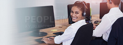 Buy stock photo Computer, portrait and smile of woman in call center for customer service, lead generation or support. Assistance, help and typing with friendly sales agent at desk in workplace for telemarketing