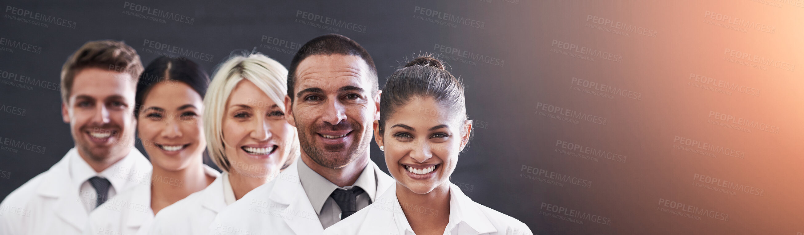 Buy stock photo Smile, portrait and row of doctors in studio for health insurance, medicine and trust in hospital. Confidence, group and diversity with men, women and professional medical team on grey background