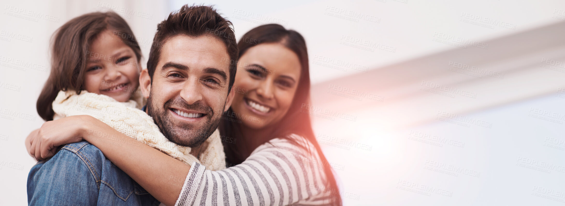 Buy stock photo Mom, dad and girl in home for portrait with love or care, quality time and family bonding for memories or connection. Parents, child and together for comfort or safety on weekend, hug and happiness.