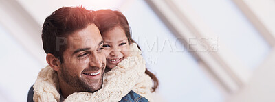 Buy stock photo Happy, hug and piggyback for child from dad in home on holiday or relax with family on vacation. Father, love and support girl on back for funny game, bonding and playing together on weekend