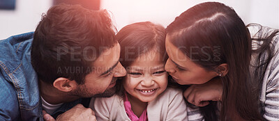 Buy stock photo Kiss, family or child in bed, love or hug as memory of happiness, bonding or together in home. Parents, girl or cheek to relax, care or embrace as playful, parenting or childhood on joyful holiday