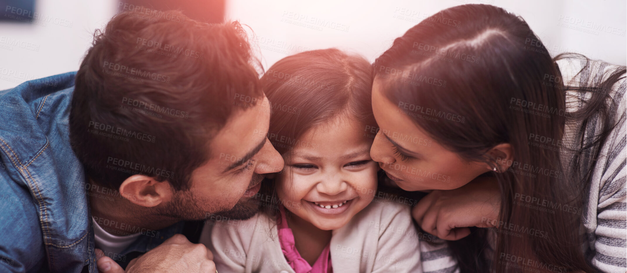 Buy stock photo Kiss, family or child in bed, love or hug as memory of happiness, bonding or together in home. Parents, girl or cheek to relax, care or embrace as playful, parenting or childhood on joyful holiday