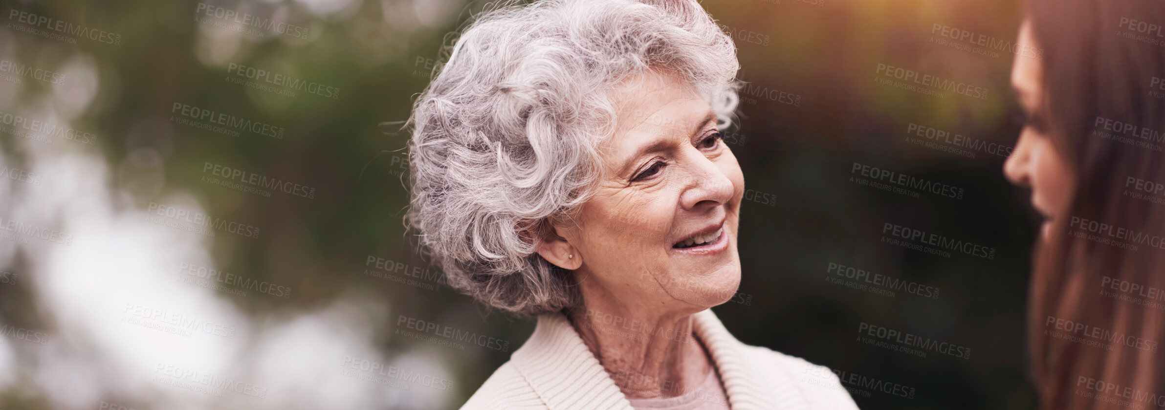 Buy stock photo Senior woman, mother and daughter with smile for love, bonding and visit from relatives outdoor in backyard, garden and patio. Elderly female person, young lady and family bonding together in Italy