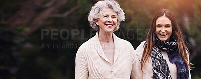 Buy stock photo Senior woman, mother and portrait with hug for love, bonding and visit from daughter outdoor in backyard, garden and patio. Elderly female person, young lady and family bonding together in Italy