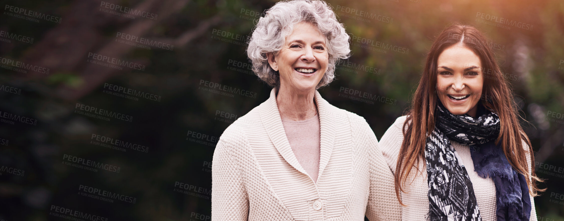 Buy stock photo Senior woman, mother and portrait with hug for love, bonding and visit from daughter outdoor in backyard, garden and patio. Elderly female person, young lady and family bonding together in Italy