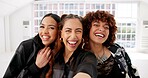 Women, selfie and dancers portrait in practice, studio and travel for hip hop competition together. Happy, smile and teamwork with group, social media and collaboration at art school for performance