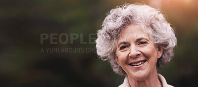 Buy stock photo Senior woman, mockup or portrait with happiness in backyard, garden or patio with copy space and smile. Elderly female person, mature lady or pensioner happy for retirement at home, outdoor or nature