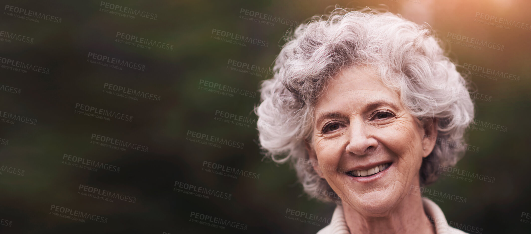 Buy stock photo Senior woman, mockup or portrait with happiness in backyard, garden or patio with copy space and smile. Elderly female person, mature lady or pensioner happy for retirement at home, outdoor or nature