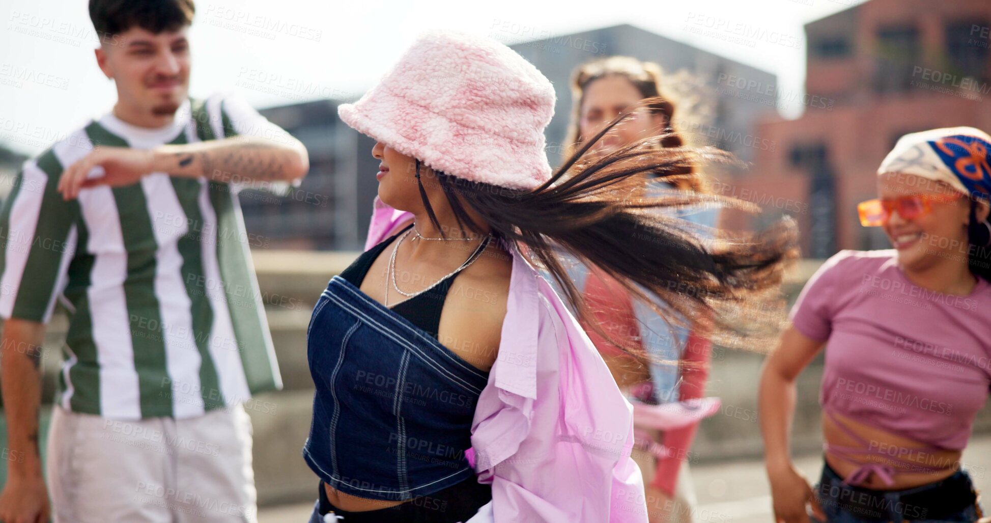 Buy stock photo Happy, woman and friends for dancing outdoor with movement, creative rhythm and hip hop performance. Smile, people and retro fashion with breakdance energy, choreography and freestyle routine on roof