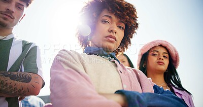 Buy stock photo Attitude, fashion and portrait of friends in city with cool style, trendy clothes and outfit. Confident, gen z and men and women in urban town for vacation, social gathering and holiday on weekend