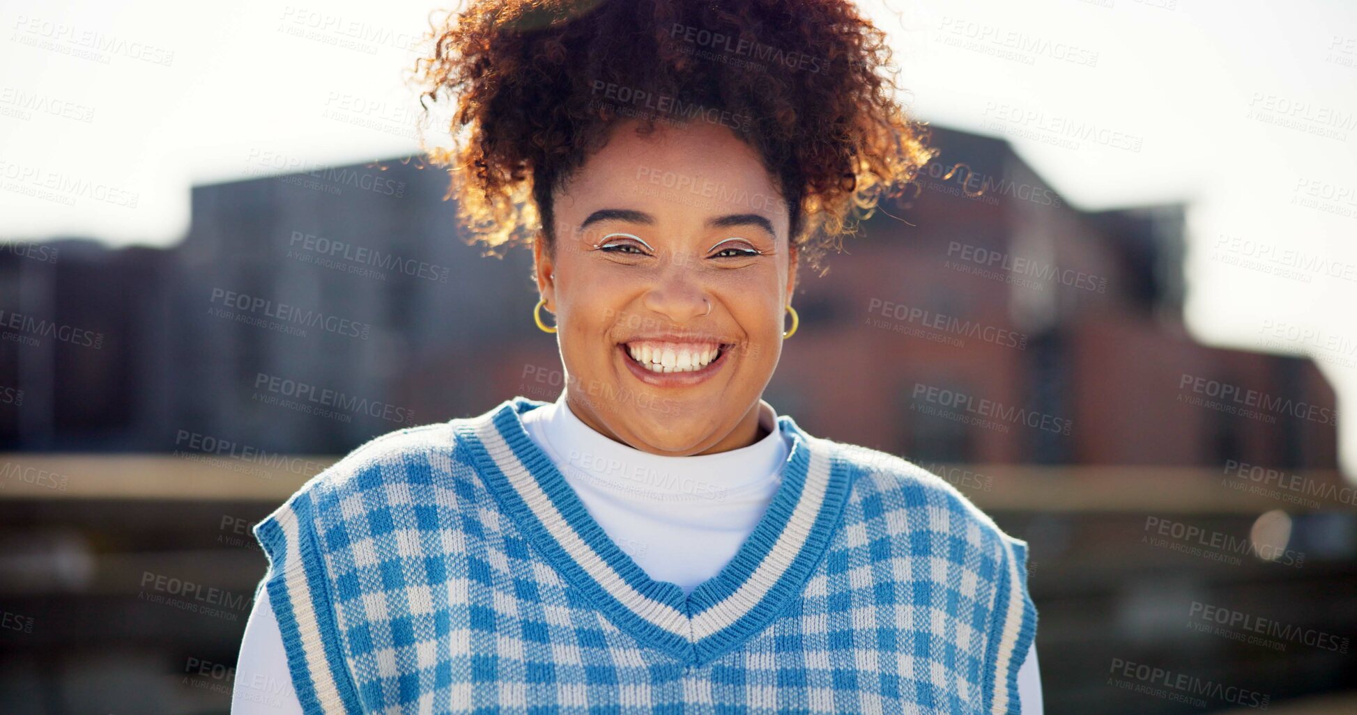 Buy stock photo Fashion, cosmetics and portrait of woman in city with casual outfit, designer clothes and streetwear. Happy, urban town and person with style for confidence, pride and beauty on weekend outdoors