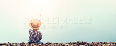 Buy stock photo Rearview shot of a little boy fishing in the forest