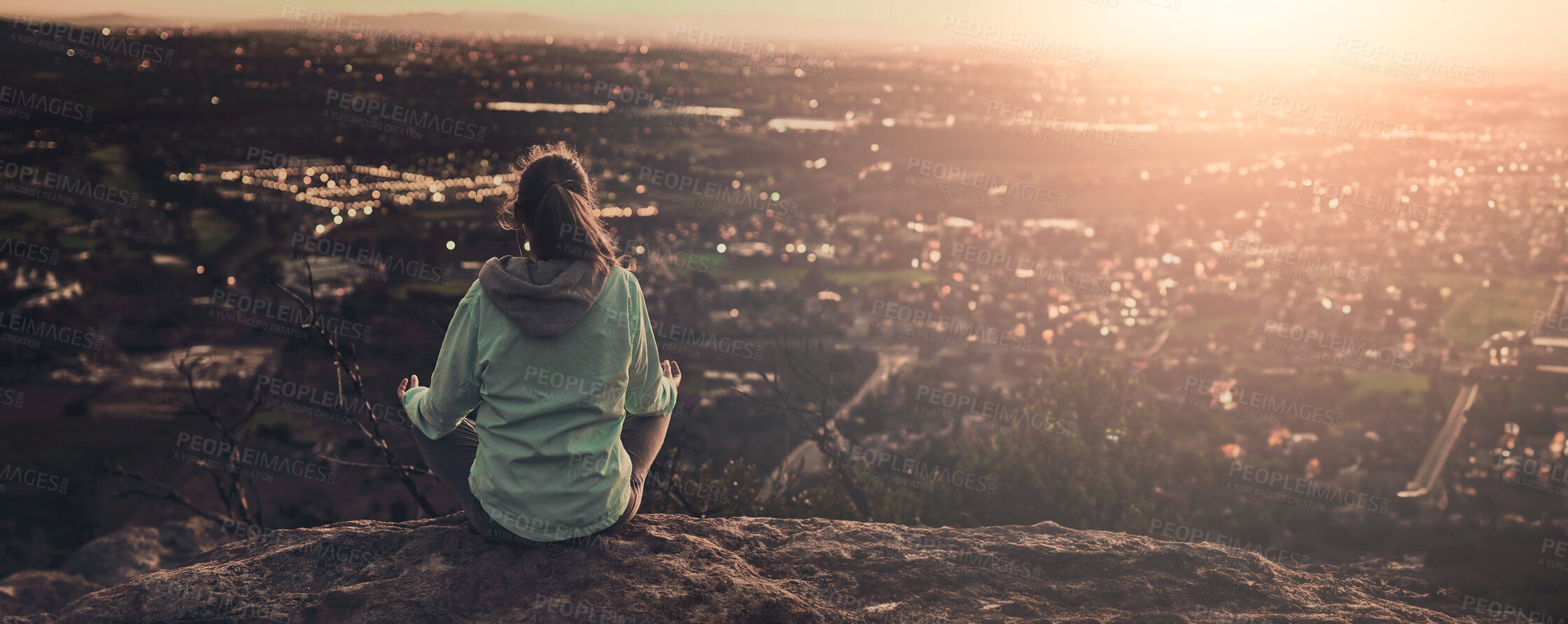 Buy stock photo Woman, meditation and lotus on mountain in nature with rear view for warm up, yoga and fitness with sunrise. Yogi, pilates and person with outdoor for exercise, posture and balance with city lights